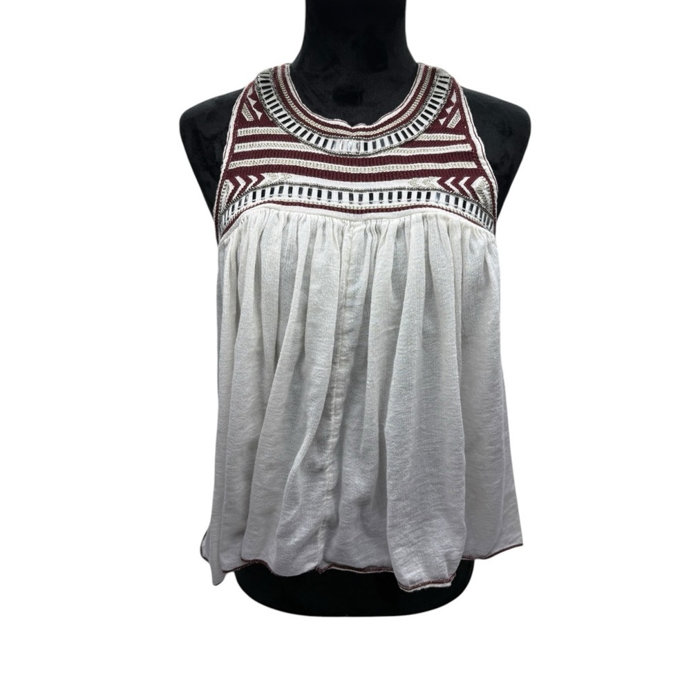 Hollister Ivory Halter Tank with Burgundy Embroidered Yoke